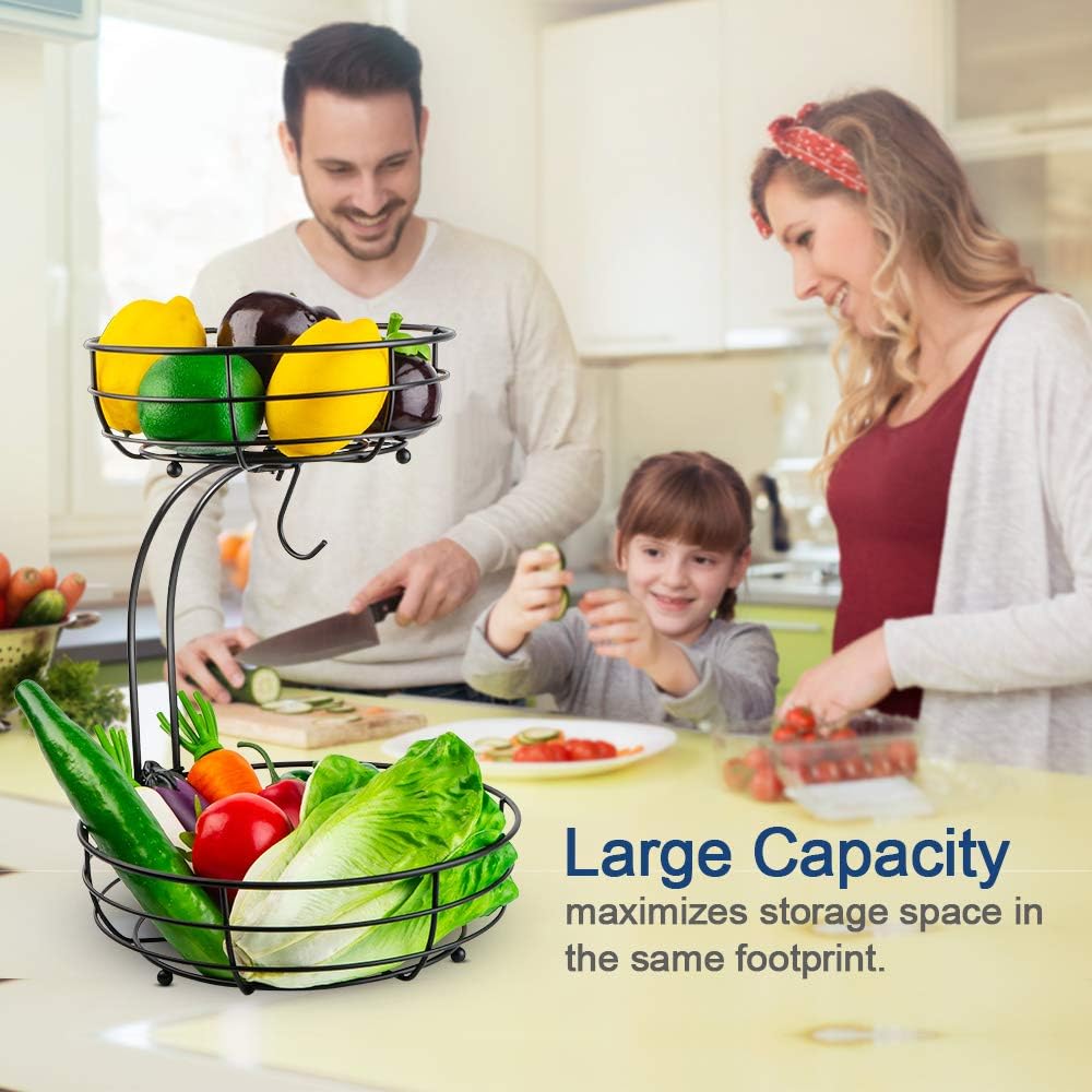 Auledio Iron 2-Tier Countertop Fruit Vegetables Basket Bowl Storage With Banana Hanger