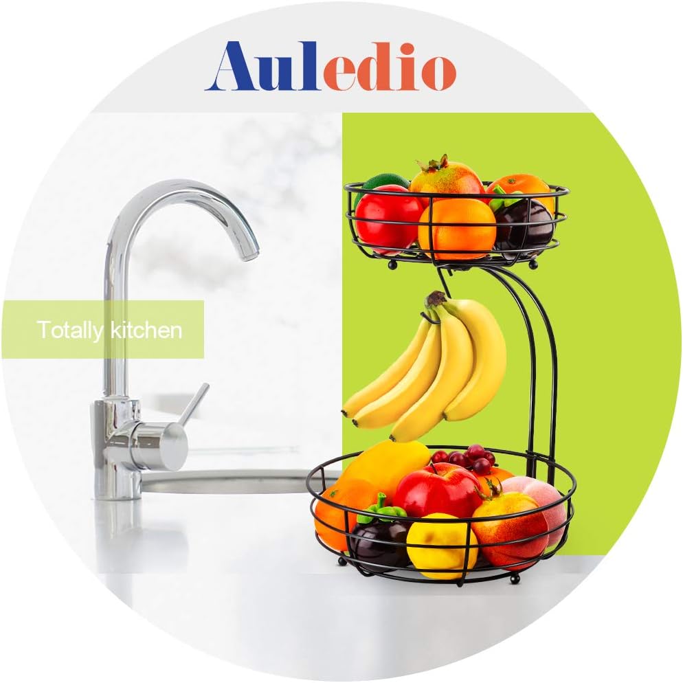 Auledio Iron 2-Tier Countertop Fruit Vegetables Basket Bowl Storage With Banana Hanger