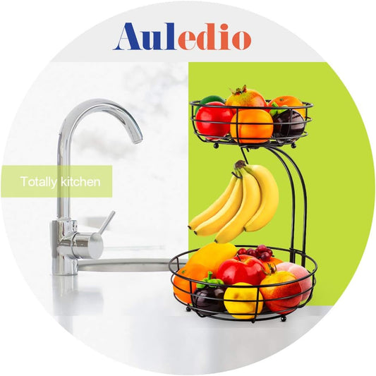 Auledio Iron 2-Tier Countertop Fruit Vegetables Basket Bowl Storage With Banana Hanger