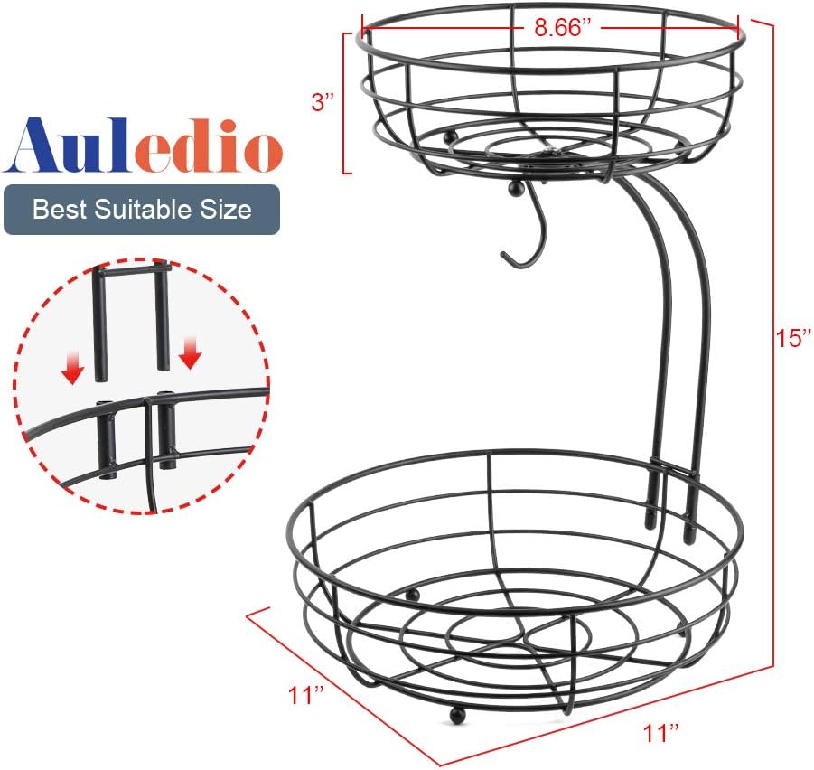 Auledio Iron 2-Tier Countertop Fruit Vegetables Basket Bowl Storage With Banana Hanger